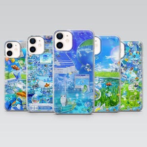May include: Five clear phone cases with colourful, whimsical designs. Each case features a unique collage of blue, green, and white elements, including fish, bubbles, and digital graphics. The cases are designed to fit a smartphone.