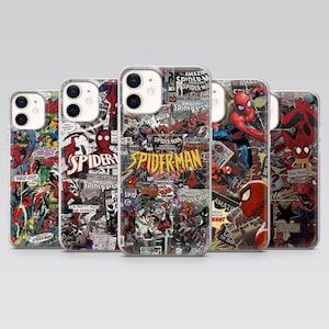 Könnte beinhalten: Fünf Handyhüllen mit Spider-Man-Comic-Designs. Die Hüllen zeigen Comic-Panels mit dem Spider-Man-Logo und Action-Szenen in Rot, Blau und Schwarz.