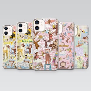 May include: Five phone cases with Curious George designs. The cases have varied backgrounds, including pink, yellow, and patchwork patterns. Illustrations of Curious George are featured on each case, depicting different scenes and activities.