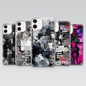May include: A collection of phone cases with various designs. The cases feature collages of images, text, and graphics. Some cases have black and white photos, while others have colorful designs with text like "GHOST BOY" and "THE STARS HAVE A REASON."