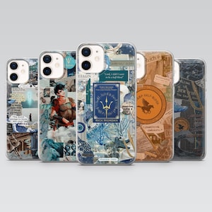 May include: Five phone cases with designs inspired by the "Percy Jackson" book series. The cases display illustrations, quotes, and the author's name. The designs have a collage style, with a clear background. The cases are for a mobile phone.