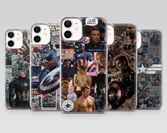 Op de afbeelding: Vijf transparante telefoonhoesjes met Captain America-ontwerpen. Elke hoes bevat een collage van afbeeldingen, waaronder stripboekpanelen, portretten en de tekst "I AM CAPTAIN AMERICA". De hoesjes tonen verschillende poses en scènes.