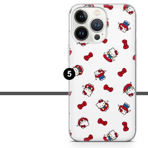 Pu&ograve; includere: Custodia trasparente per telefono con sfondo bianco e motivo ripetuto di un personaggio di gatto dei cartoni animati in abiti rossi, blu e bianchi e fiocchi rossi. La custodia ha un ritaglio per la fotocamera e un numero 5 nero.