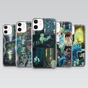 May include: A selection of clear phone cases displaying anime-style forest scenes. Each case features different characters and creatures in a vibrant, detailed design. The cases are designed to fit a smartphone.