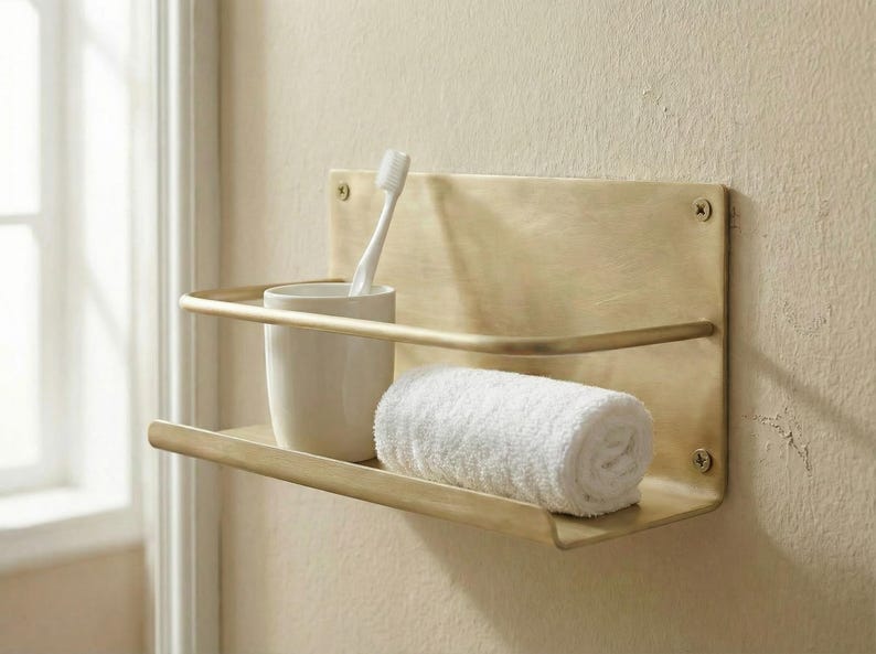 May include: A brass-colored wall-mounted shelf with two levels. The top shelf holds a white ceramic cup with a toothbrush. The bottom shelf has a rolled white towel. Bathroom storage.