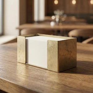 May include: A rectangular brass napkin holder with a stack of white napkins inside. The holder has a simple, modern design and is sitting on a wooden table. The brass has a slightly aged appearance.