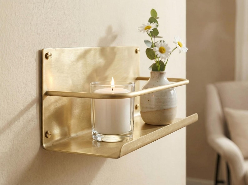 May include: A brass wall shelf with a lit candle in a glass and a small vase with daisies. The shelf is mounted on a beige wall. The candle flame is bright, and the vase is a neutral color.