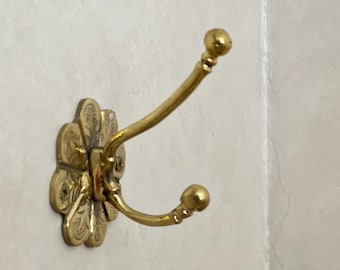 Moroccan Engraved Brass Wall Hook – Floral Unlacquered Brass Hook for Curtains, Living Room Decor