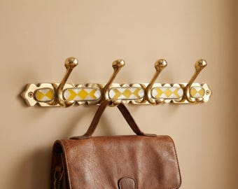 Brass Wall Hook Rack with Yellow Resin Inlay – Vintage Coat & Bag Holder, Decorative Entryway Hooks