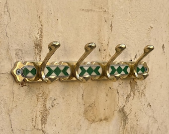 Handmade Brass Wall Hook Rack with Green Resin Inlay – 4 Hook Coat, Towel & Key Holder – Moroccan Decorative Hardware