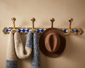 Unlacquered Brass Coat Rack with Blue Resin Inlay