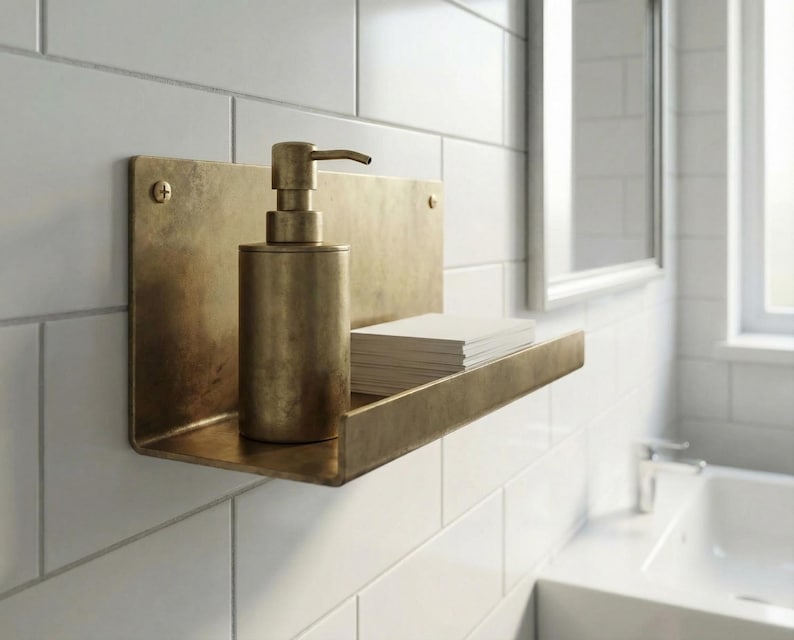Unlacquered Brass Wall Shelf – Solid Brass Bathroom Organizer image 2