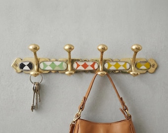 Handmade Moroccan Brass Hook Rack with Bone & Multicolor Resin Inlay