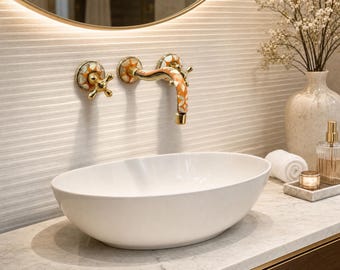Handmade Wall Mount Faucet – Unlacquered Brass, Orange Resin & White Bone Inlay Bathroom Faucet