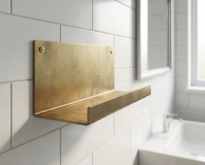 May include: A brass-colored metal shelf mounted on a white tiled wall. The shelf has a rectangular back and a horizontal ledge. Two brass screws secure the shelf to the wall. The bathroom fixture is near a sink and mirror.