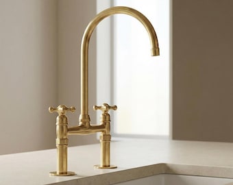 Unlacquered Brass Bridge Kitchen Faucet – Vintage Dual Handle Farmhouse Sink Tap