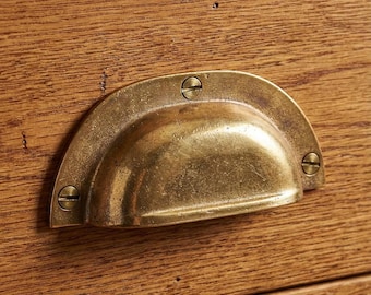Vintage Half Moon Cabinet Handle – Rustic Farmhouse Dresser Hardware – Solid Brass Bin Pull