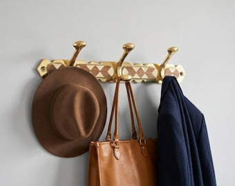 Handmade Brass Wall Hook Rack – Wood Resin Inlay Entryway Organizer