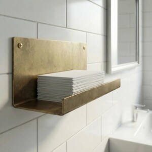 May include: A brass-colored metal shelf mounted on a white tiled wall. The shelf holds a stack of white paper. The shelf is rectangular with a lip and is attached to the wall with two screws.