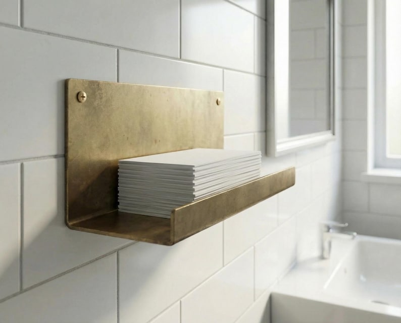 May include: A brass-colored metal shelf mounted on a white tiled wall. The shelf holds a stack of white paper. The shelf is rectangular with a lip and is attached to the wall with two screws.