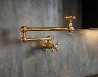 Unlacquered Brass Pot Filler Faucet – Solid Raw Brass Folding Arm Stove Tap