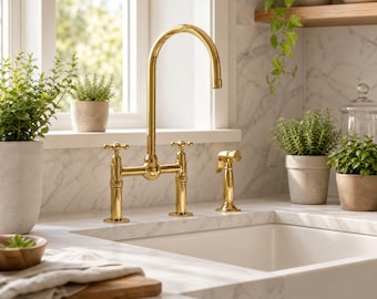Rubinetto da cucina a ponte in ottone non laccato con doccetta laterale – Rubinetto di lusso per lavello in stile rustico