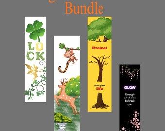 May include: A collection of digital bookmarks with various designs. One features a four-leaf clover and fairy, another a monkey and deer, a third a tree with the word "Protect", and the last with the word "GLOW". The text "Premium Digital Bookmark Bundle" is at the top.