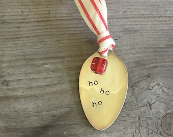 Hand Stamped Upcycled Spoon Christmas Ornament with Bead - HO HO HO - Vintage Upcycled Silverware - Christmas Gift