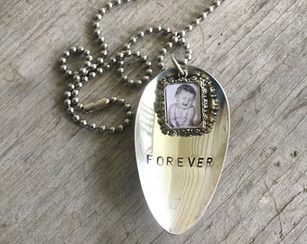 Hand Stamped Spoon Necklace from Upcycled Silverware with Frame - Vintage Silverware Jewelry - Spoon Jewelry Memorial Necklace - FOREVER