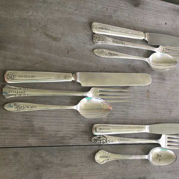 Personalized Custom Stamped Silverware Setting - Vintage Mismatched Fork, Knife & Spoon Set - Hand Stamped with Your Name