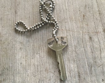 Hand Stamped Upcycled Key Necklace - BORN IN the USA - Eco Friendly Giving Key Jewelry