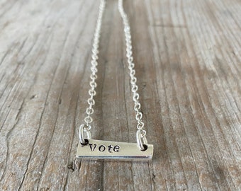 Hand Stamped VOTE Necklace -  Upcycled Silverware Jewelry - Vintage Silverware Bar Necklace - Layering Necklace - #5231