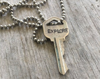 Hand Stamped Upcycled Key Necklace - EXPLORE - Giving Key Jewelry - Handmade Statement Jewelry