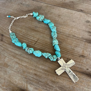 Spoon Cross Pendant on Chunky Turquoise Howlite Choker Necklace