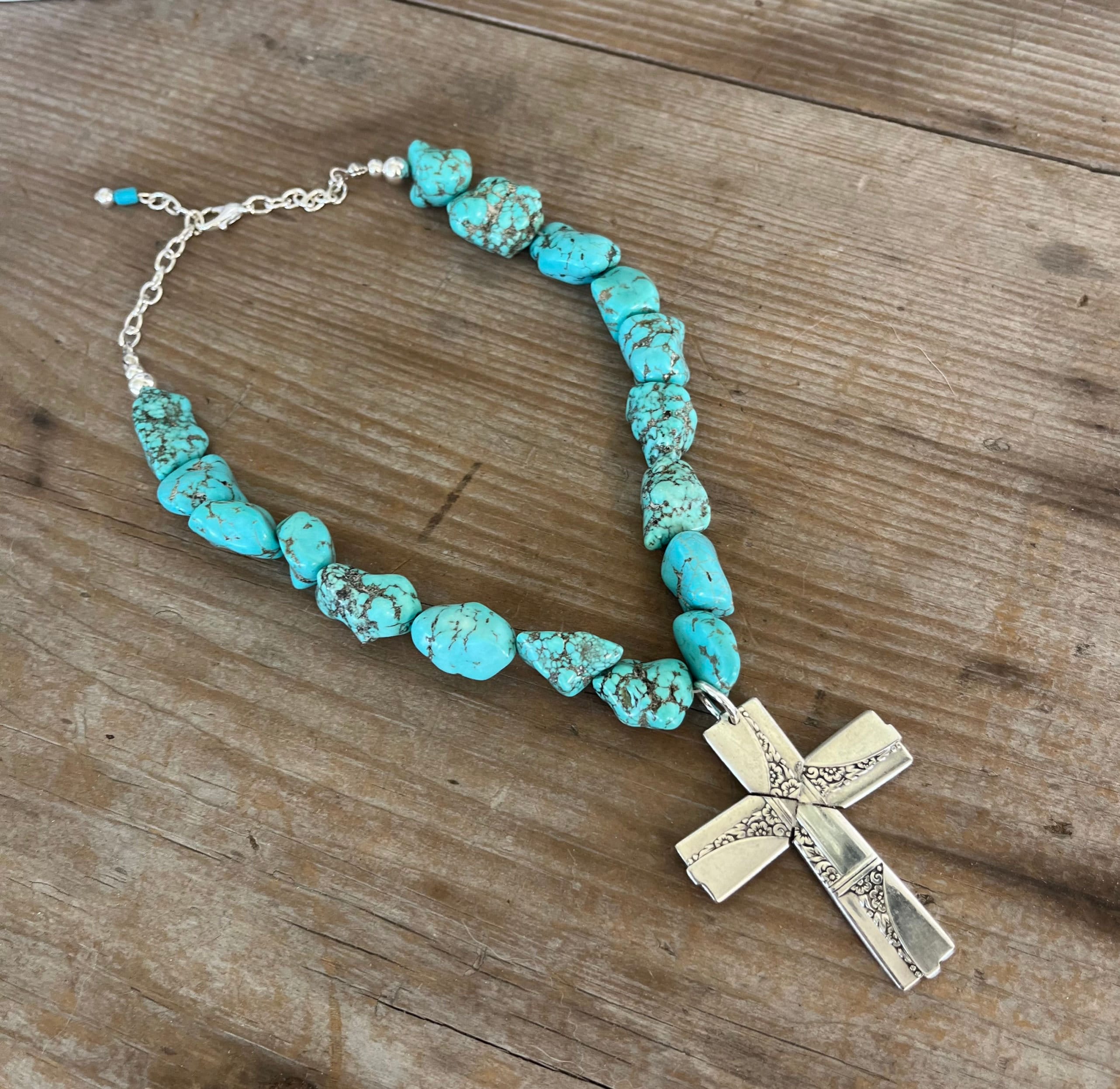 Spoon Cross Pendant on Chunky Turquoise Howlite Choker