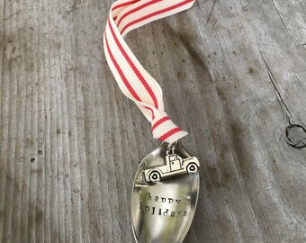 Hand Stamped Upcycled Spoon Christmas Ornament HAPPY HOLIDAYS with Vintage Pickup Charm - Vintage Upcycled Silverware - Christmas Gift