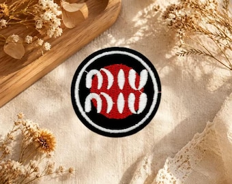 Parche bordado termoadhesivo redondo con estampado geométrico rojo y negro, insignia con símbolo de curva abstracta, aplique para reparar bolsos y ropa (hazlo tú mismo).