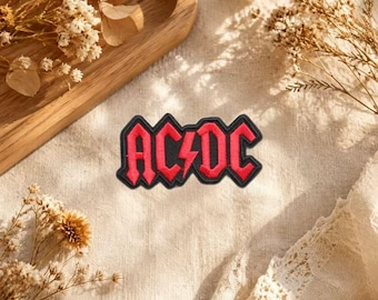 AC/DC Embroidered Patch, Red-Black Lightning Graphic Badge, Retro Punk Applique