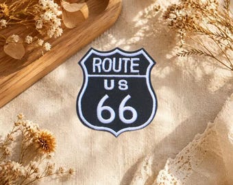 Route 66 Shield Embroidered Patch, Black White Vintage Travel Applique (Iron-On)