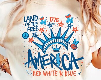 America Shirt, Patriotic Liberty Crown Tee, 4th of July Doodle Tshirt, Red White and Blue Top, Independence Day Festive Gift for Women