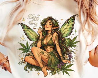 Stoner Fairy Shirt, Cannabis Goddess Tee, Weed Leaf Graphic Tshirt, Funny 420 Apparel, Mythical Forest Top, Cute Smoking Gift for Friends