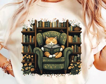 Funny Cat Shirt, Bookworm Kitten Tee, Reading Cat Tshirt, Cozy Bookshelf Graphic Top, Cottagecore Book Lover Gift, Cute Library Apparel