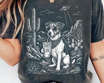 Funny Dog Shirt, Iced Latte Dog Tee, Cool Jack Russell Tshirt, Desert Cactus Graphic Top, Alien UFO Spaceship Gift, Cute Puppy Coffee Top