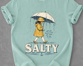 Salty Girl Yellow Raincoat Illustration Tee, Comfort Colors Garment-Dyed Nautical Top