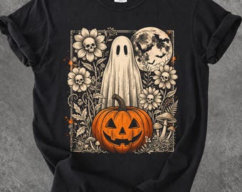 Halloween Ghost Pumpkin Shirt, Gothic Floral Tee, Comfort Colors T-Shirt