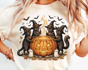 Halloween Cat T-Shirt, Witchy Pumpkin Shirt, Comfort Colors Tee