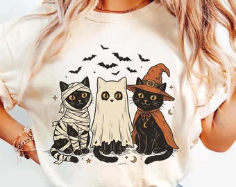 Halloween Cat Shirt, Cute Spooky Cats, Witch Mummy Ghost Cat Tee, Comfort Colors T-Shirt