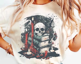 Skeleton Reading Shirt, Gothic Halloween Graphic Tee, Book Lover Comfort Colors T-Shirt