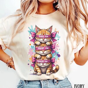 See No Hear No Speak No Shirt, Cute Three Cats Tee, Funny Cat Mom Tshirt, Pink Bow Kitten Top, Humorous Pet Lover Gift For Her