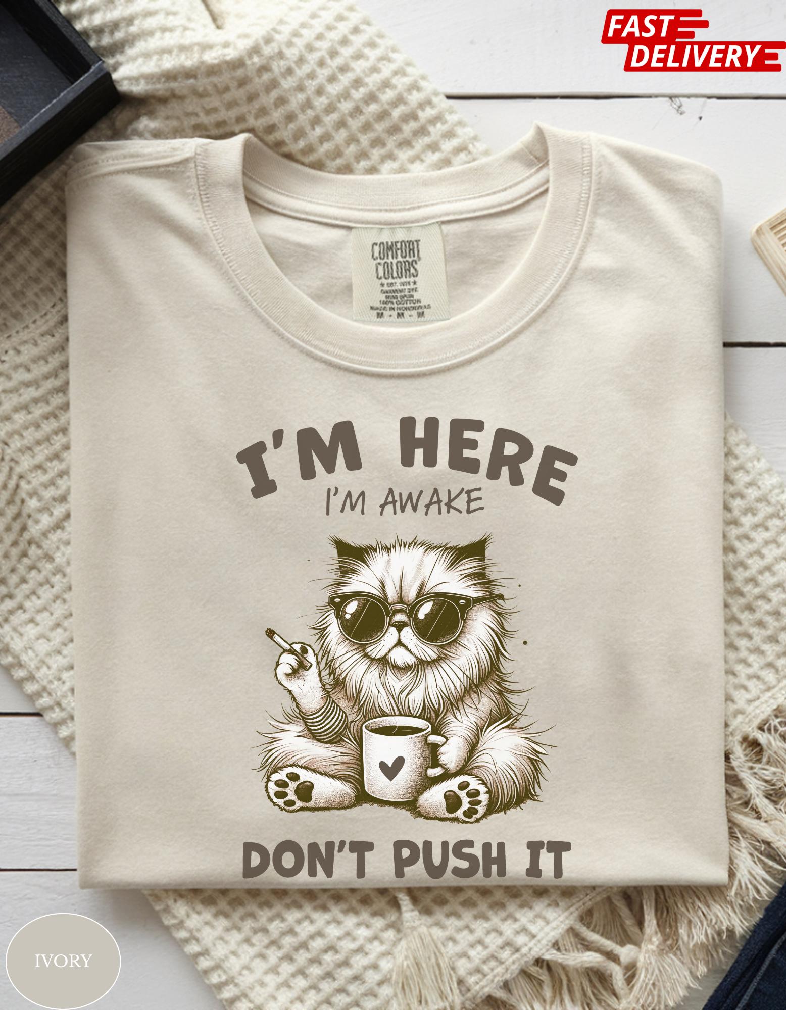 Im Awake Dont Push It Shirt, Funny Cat Coffee Tee, Comfort Colors ...